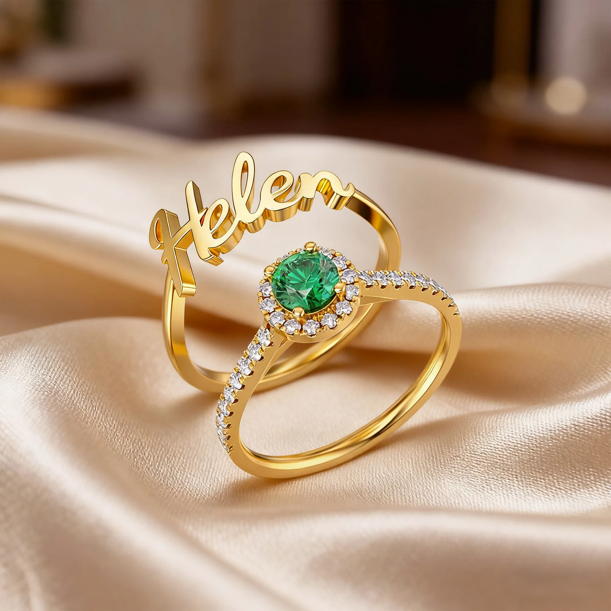 Custom Name Ring with Halo Round Birthstone Ring Set