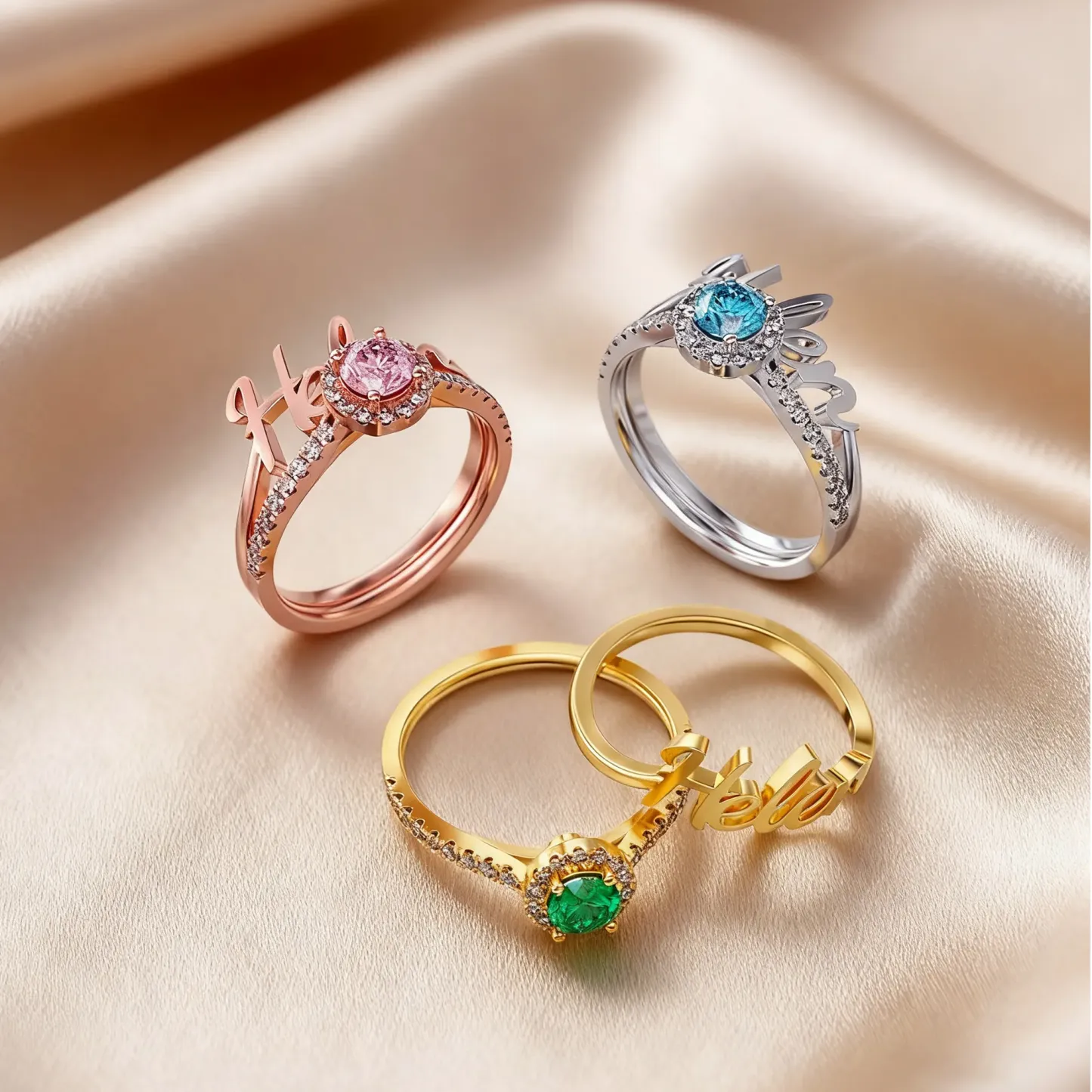 Custom Name Ring with Halo Round Birthstone Ring Set