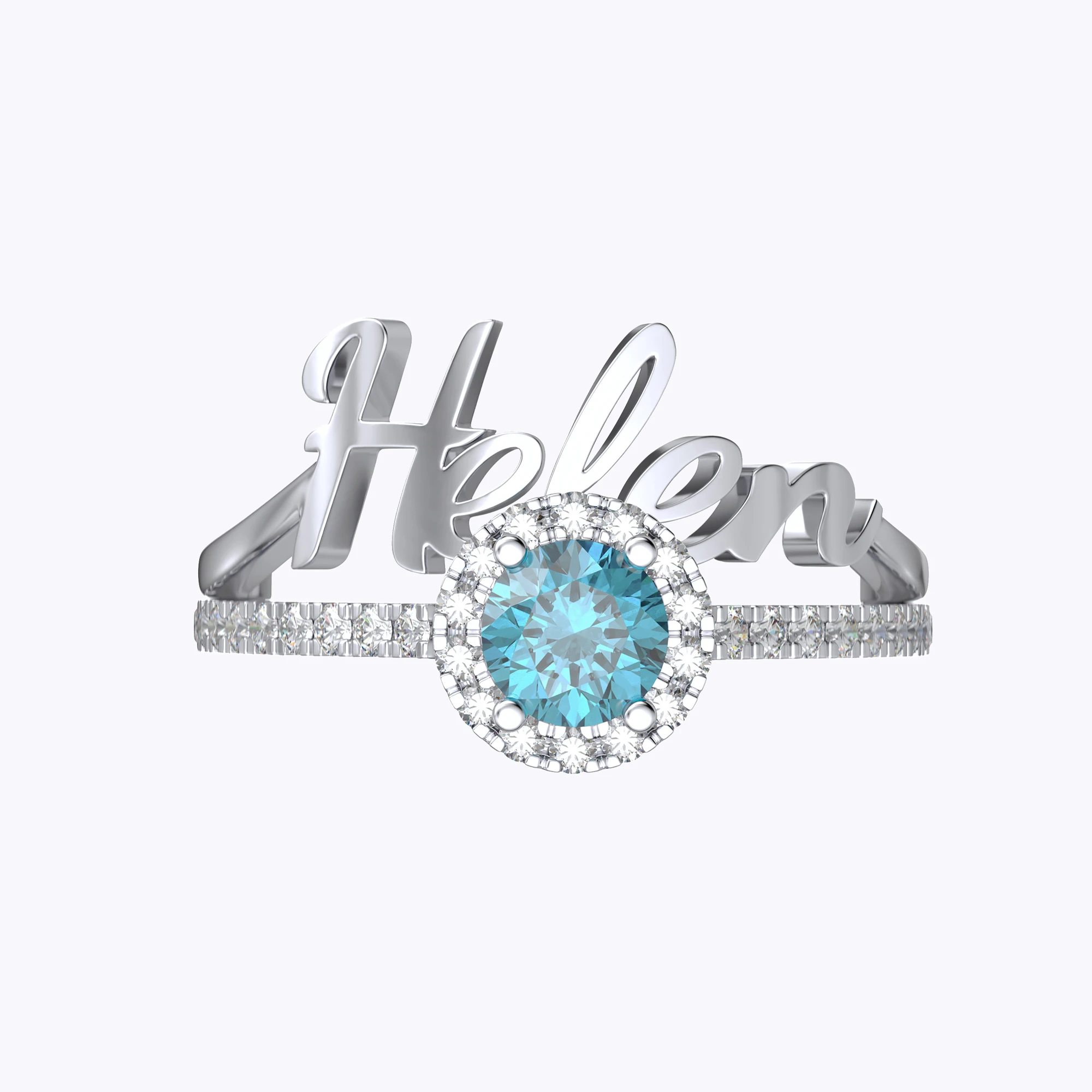Custom Name Ring with Halo Round Birthstone Ring Set