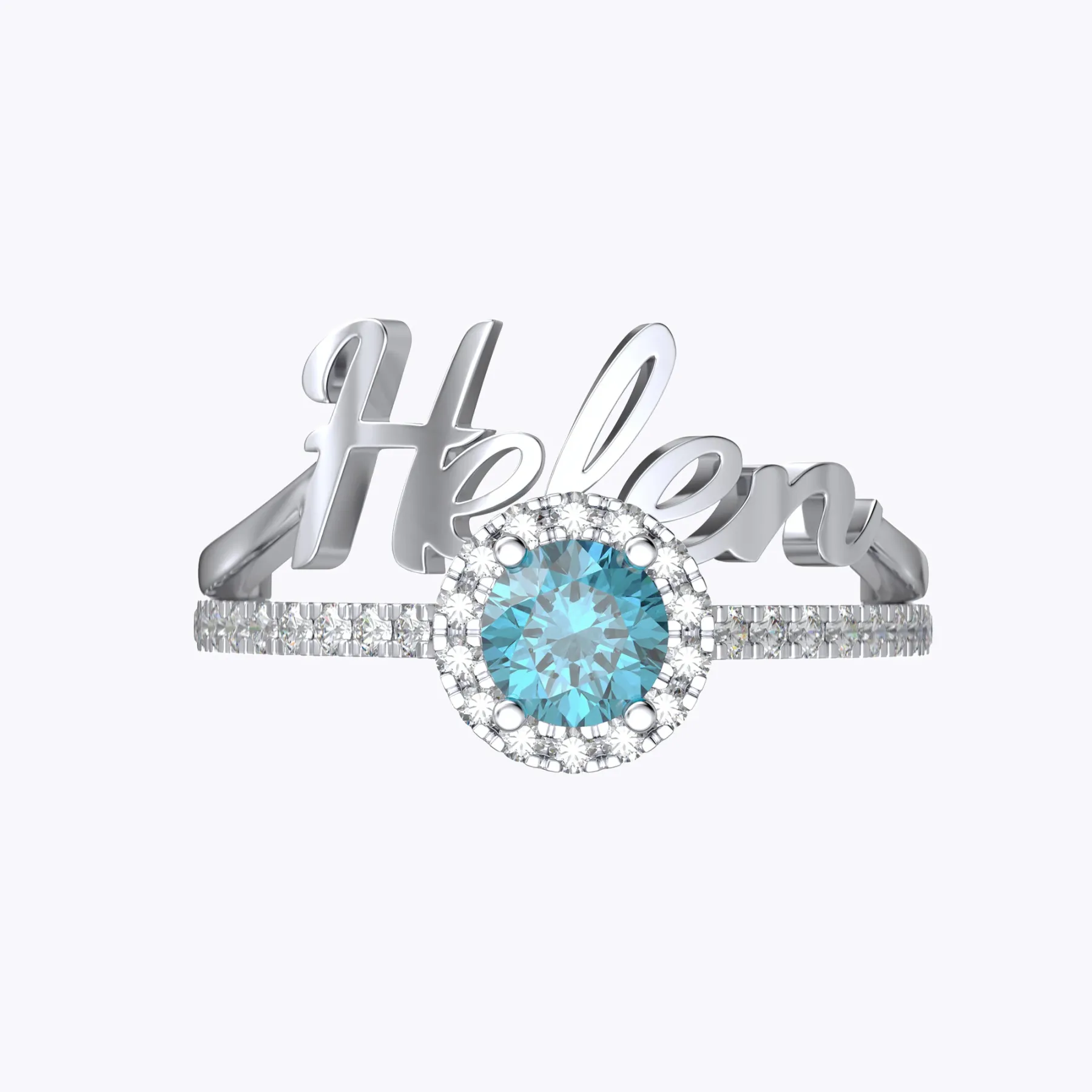 Custom Name Ring with Halo Round Birthstone Ring Set