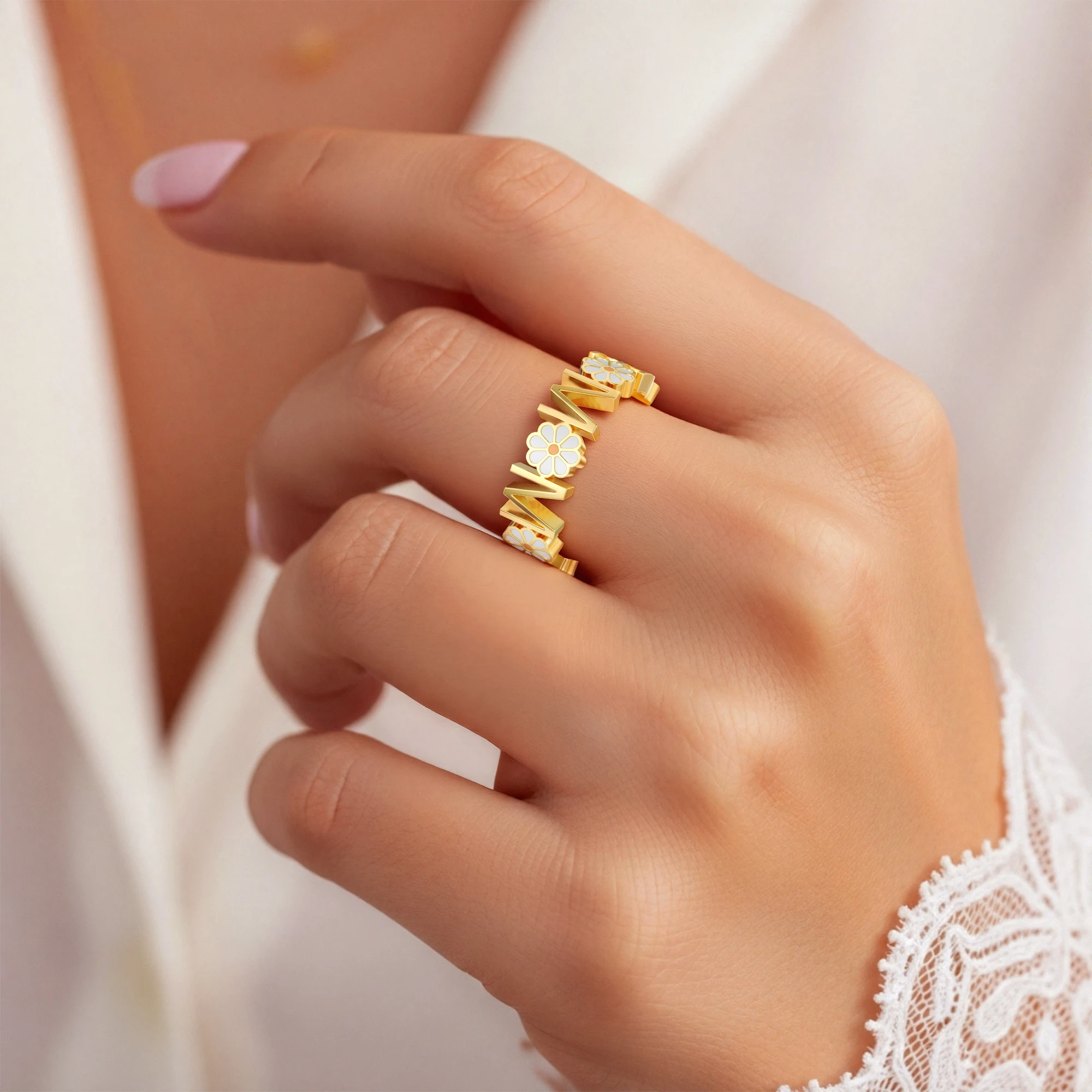 Personalized Colorful Birth Flower Name Ring