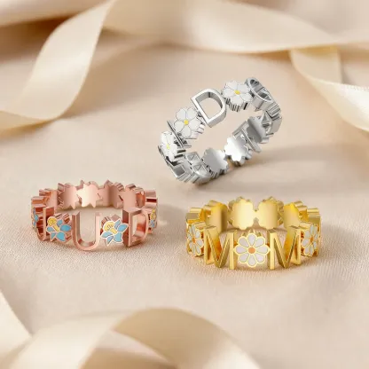 Personalized Colorful Birth Flower Name Ring