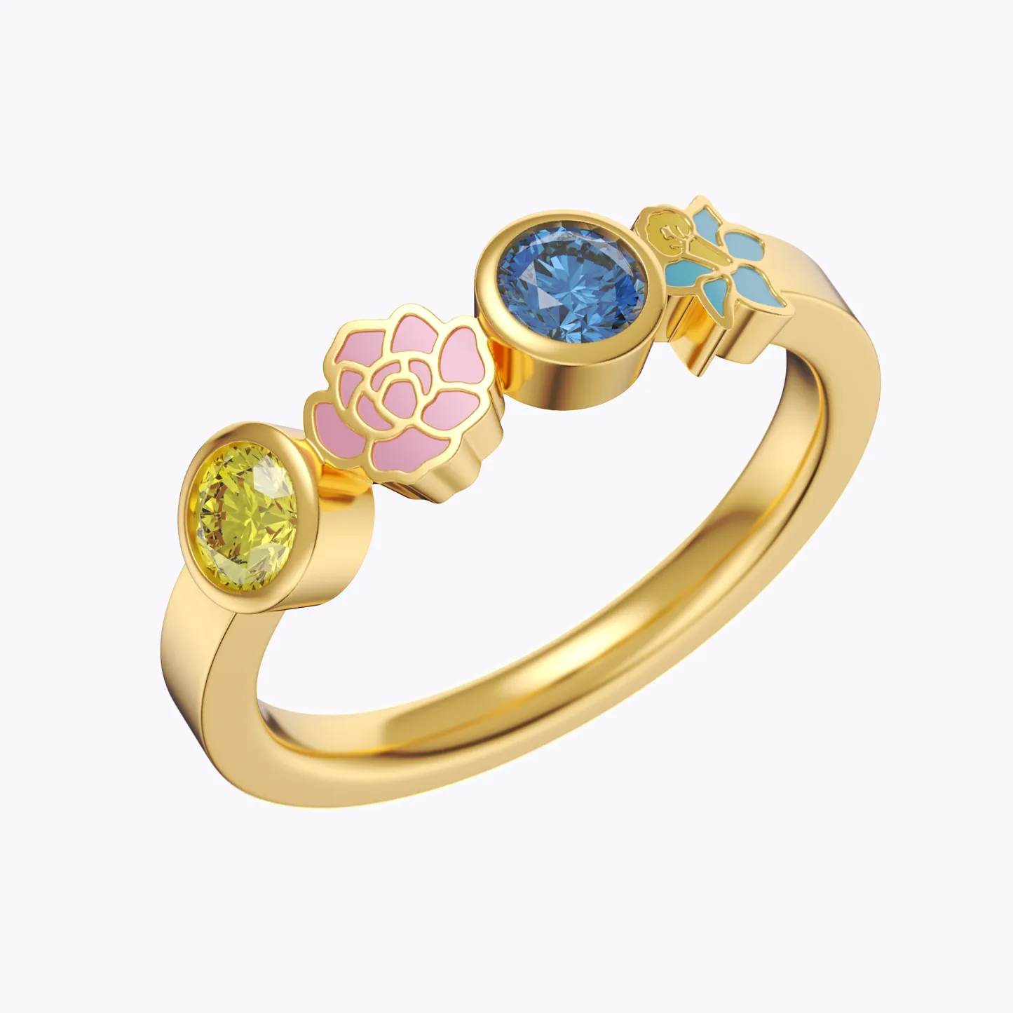 Personalized Colorful Birth Flower with Birthstone Ring