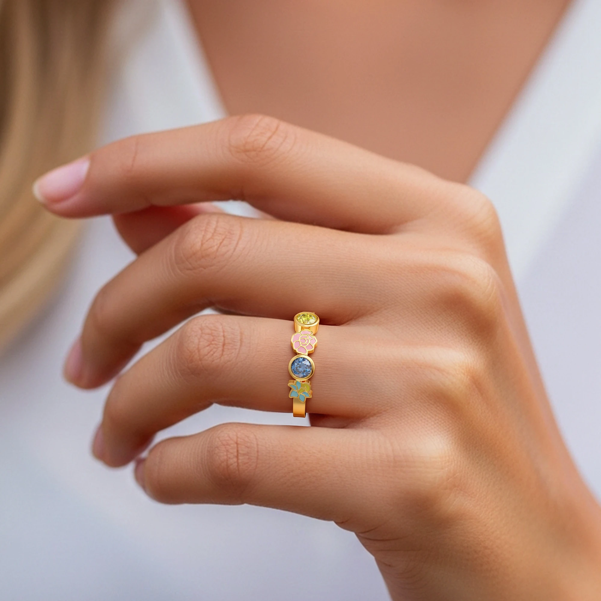 Personalized Colorful Birth Flower with Birthstone Ring