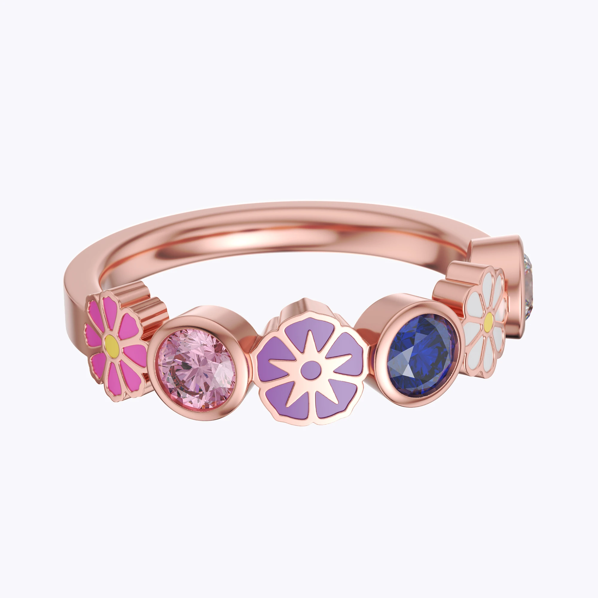 Personalized Colorful Birth Flower with Birthstone Ring