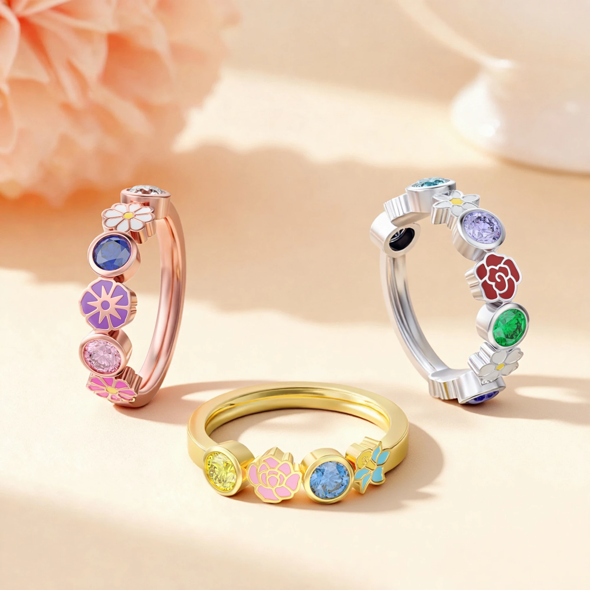 Personalized Colorful Birth Flower with Birthstone Ring