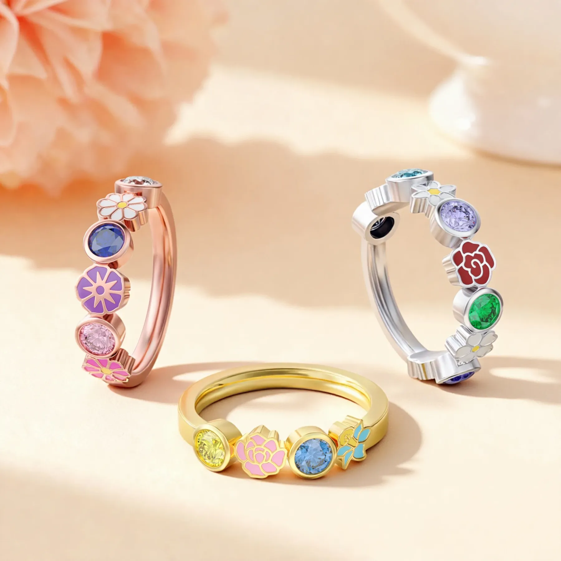 Personalized Colorful Birth Flower with Birthstone Ring