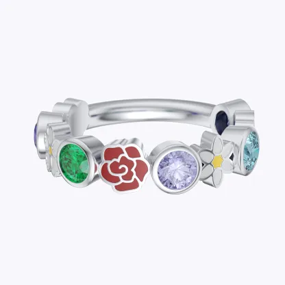Personalized Colorful Birth Flower with Birthstone Ring