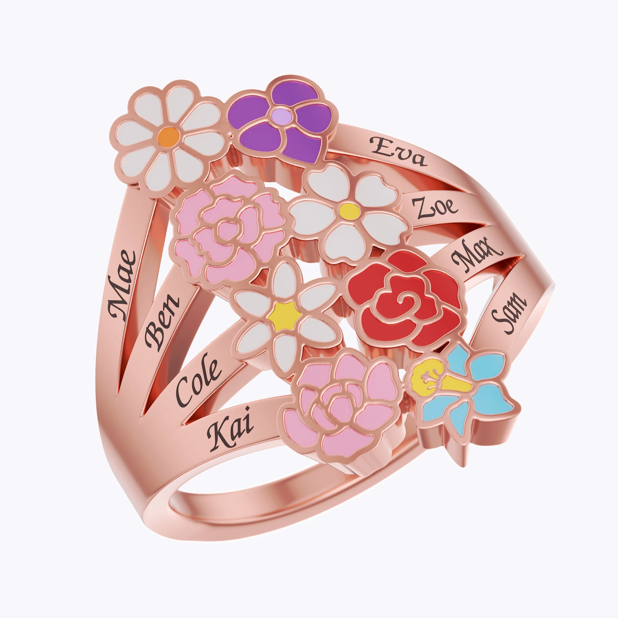 Custom 1-8 Birth Flower with Name Family Ring