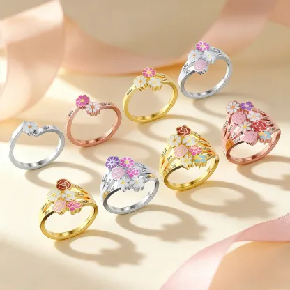 Custom 1-8 Birth Flower with Name Family Ring