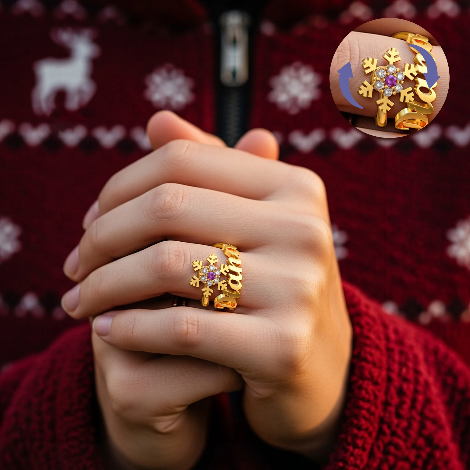 Personalized Birthstone Spinning Snowflake Christmas Name Ring