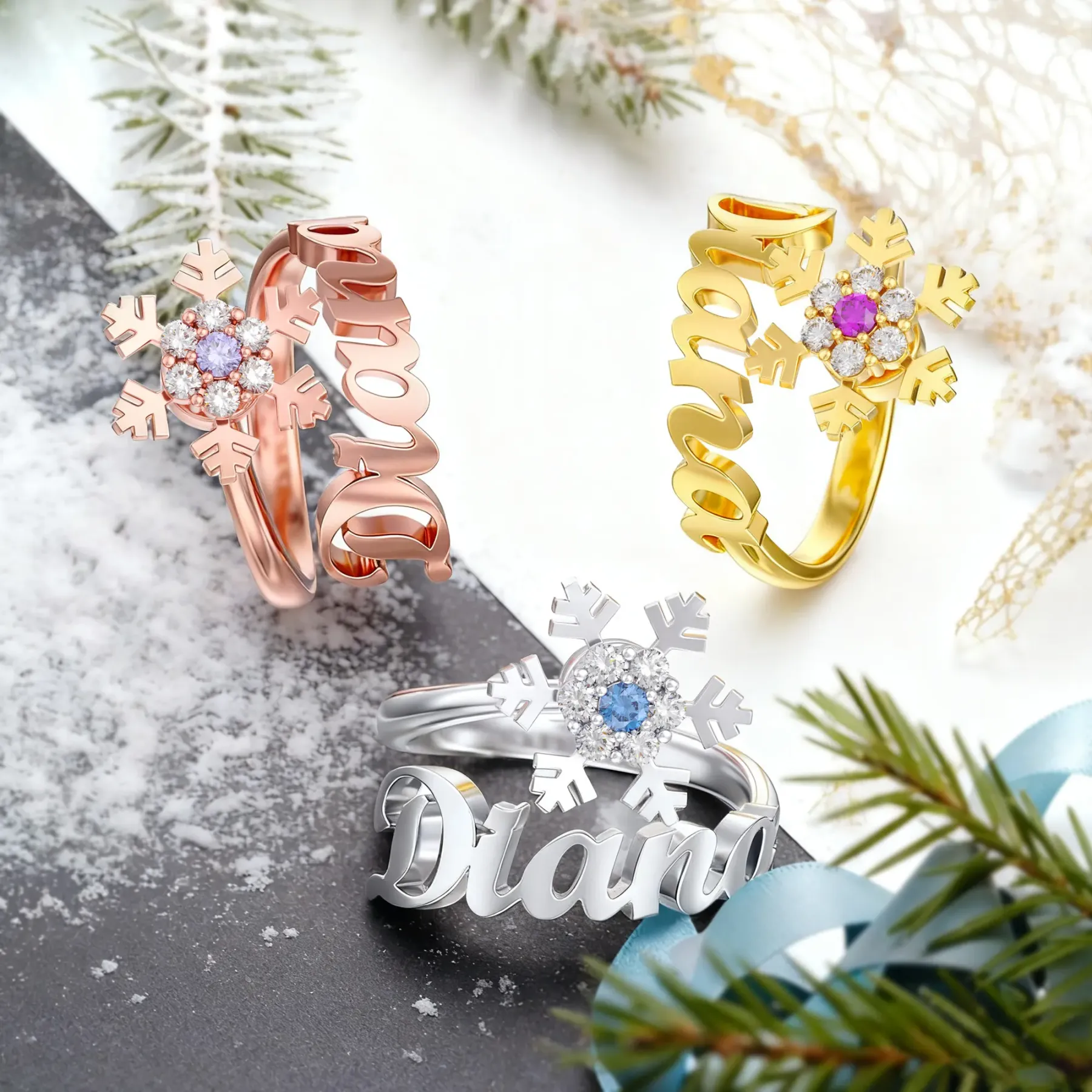 Personalized Birthstone Spinning Snowflake Christmas Name Ring
