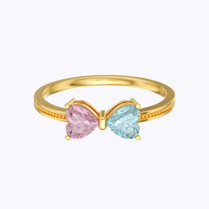 Personalized Double Heart Birthstone Bow Ring