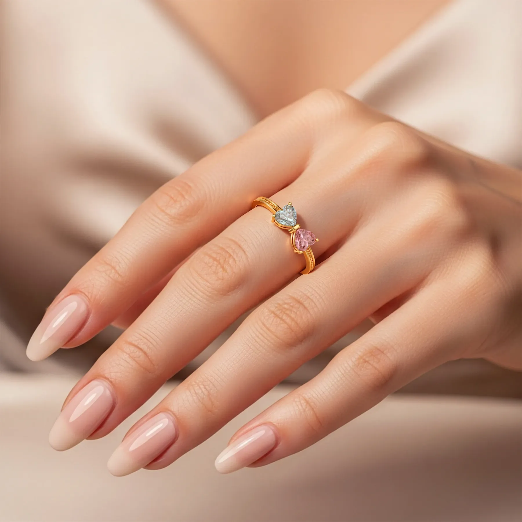 Personalized Double Heart Birthstone Bow Ring