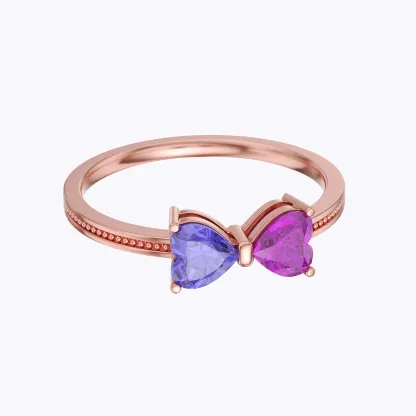 Personalized Double Heart Birthstone Bow Ring