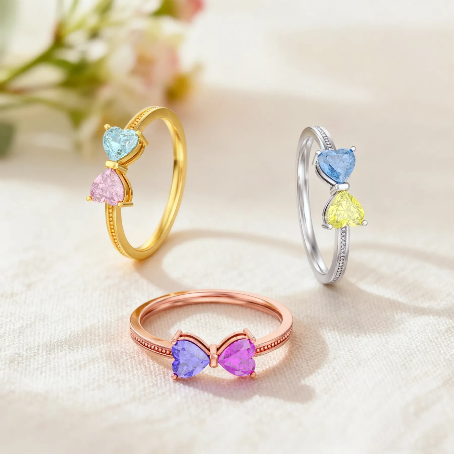 Personalized Double Heart Birthstone Bow Ring