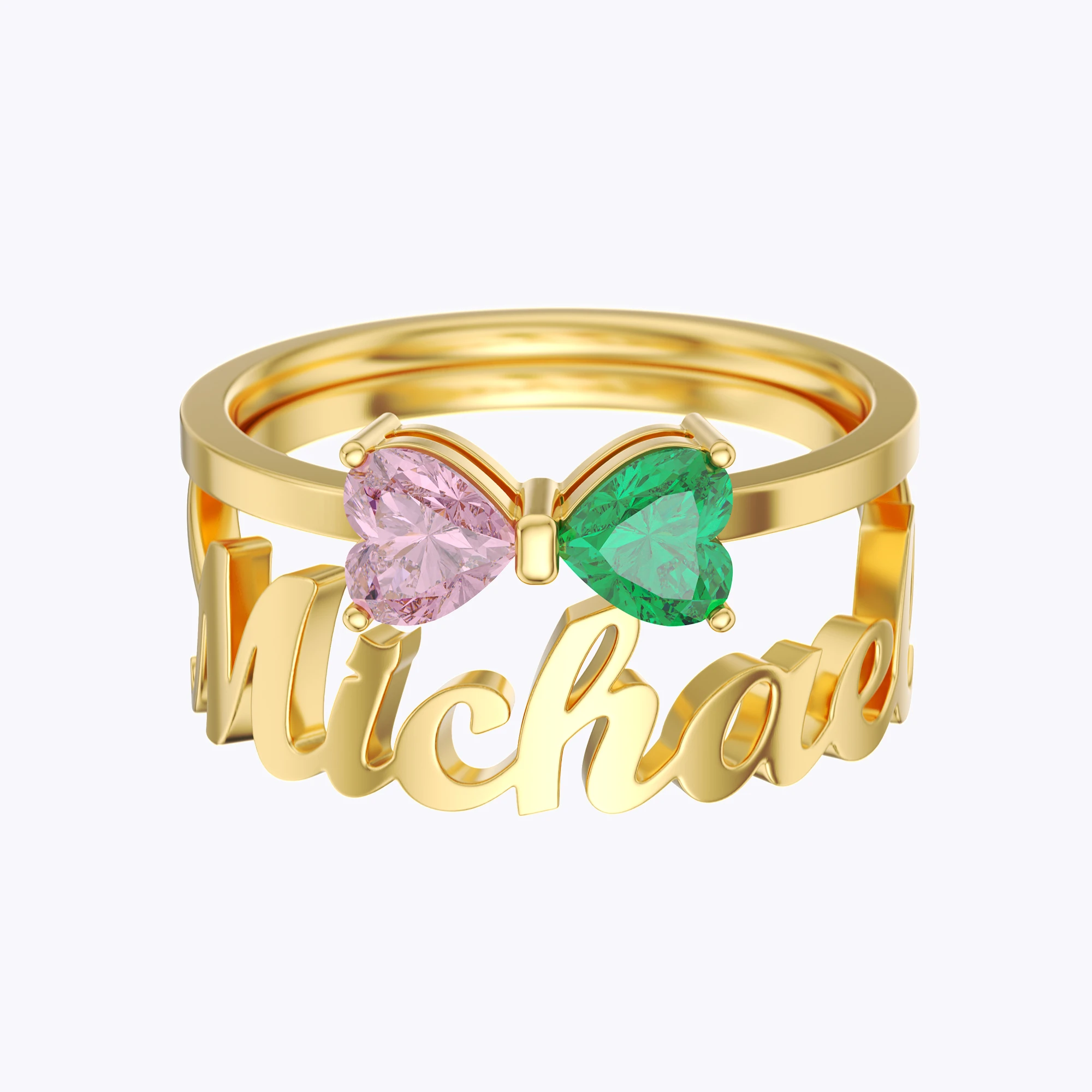 Personalized Double Heart Birthstone Bow Name Ring Set