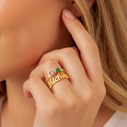 Personalized Double Heart Birthstone Bow Name Ring Set