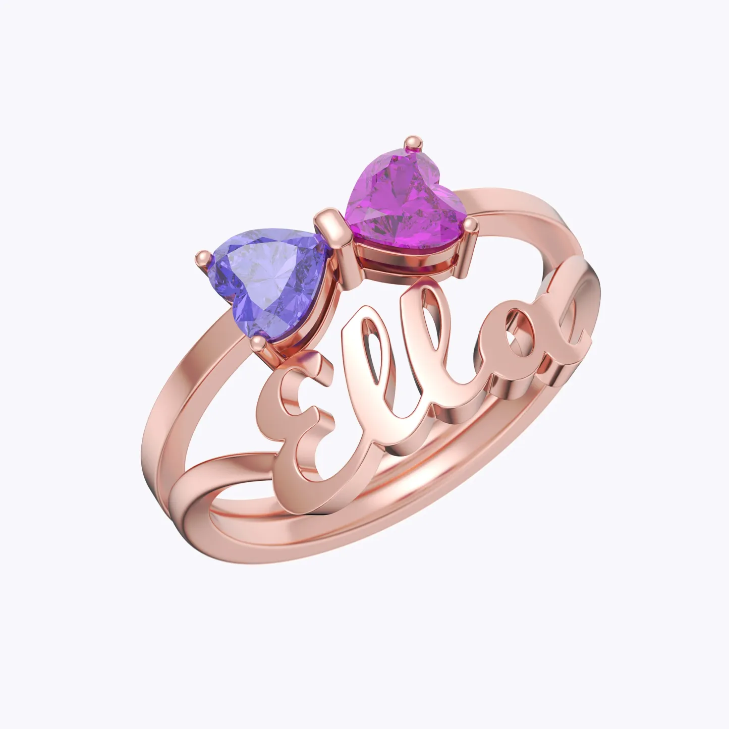 Personalized Double Heart Birthstone Bow Name Ring Set