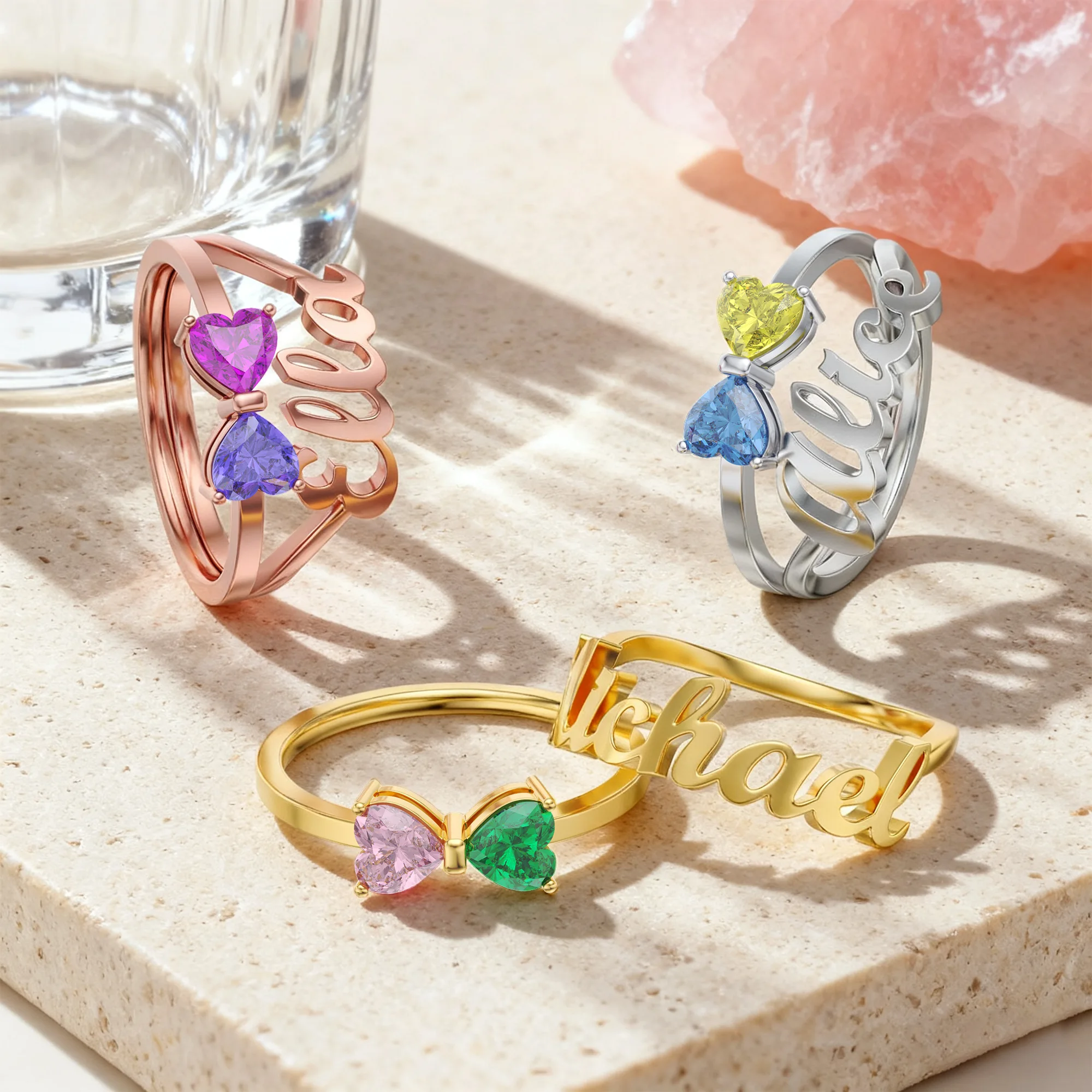 Personalized Double Heart Birthstone Bow Name Ring Set