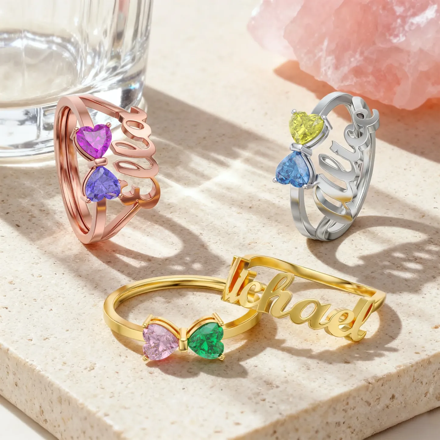 Personalized Double Heart Birthstone Bow Name Ring Set