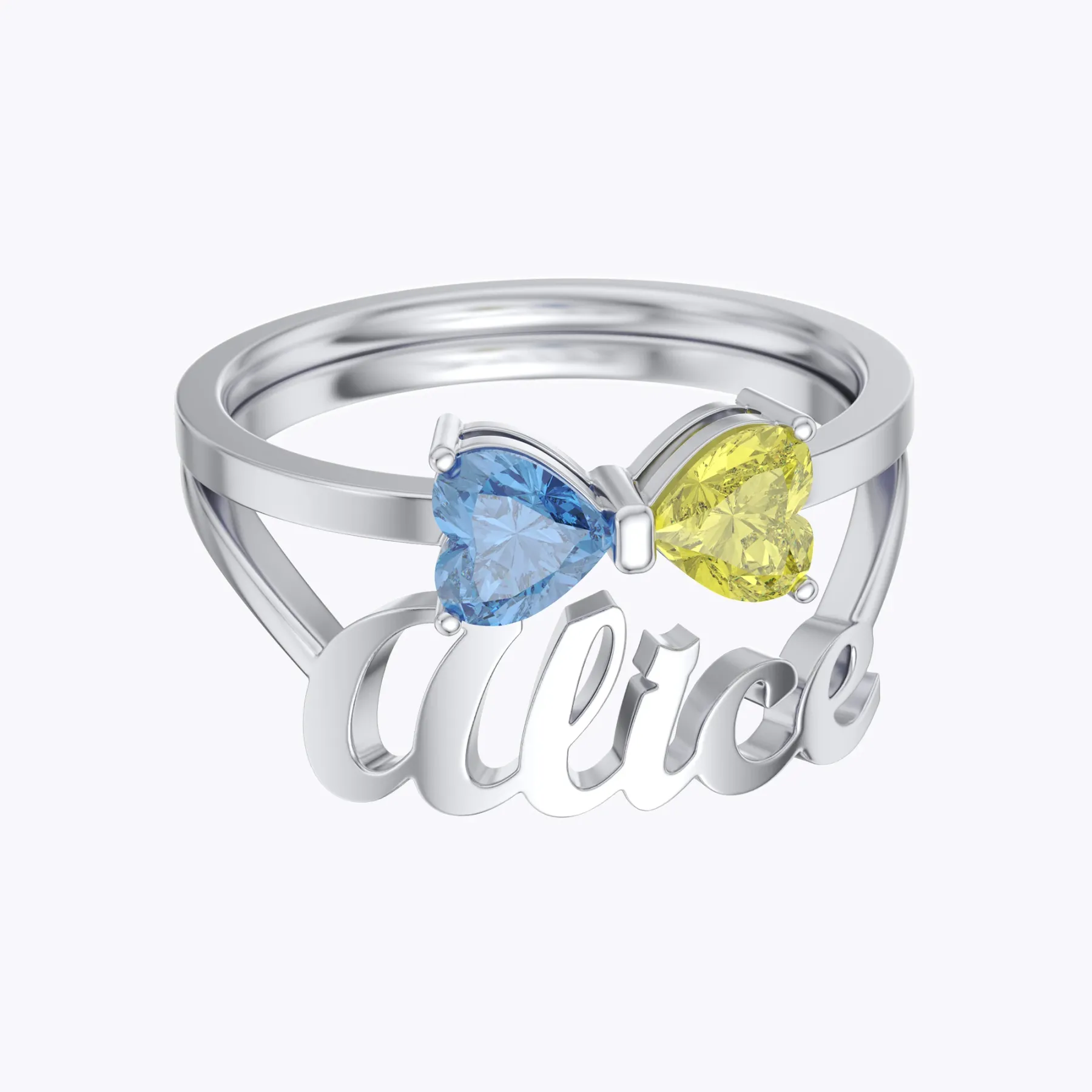 Personalized Double Heart Birthstone Bow Name Ring Set