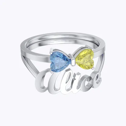 Personalized Double Heart Birthstone Bow Name Ring Set