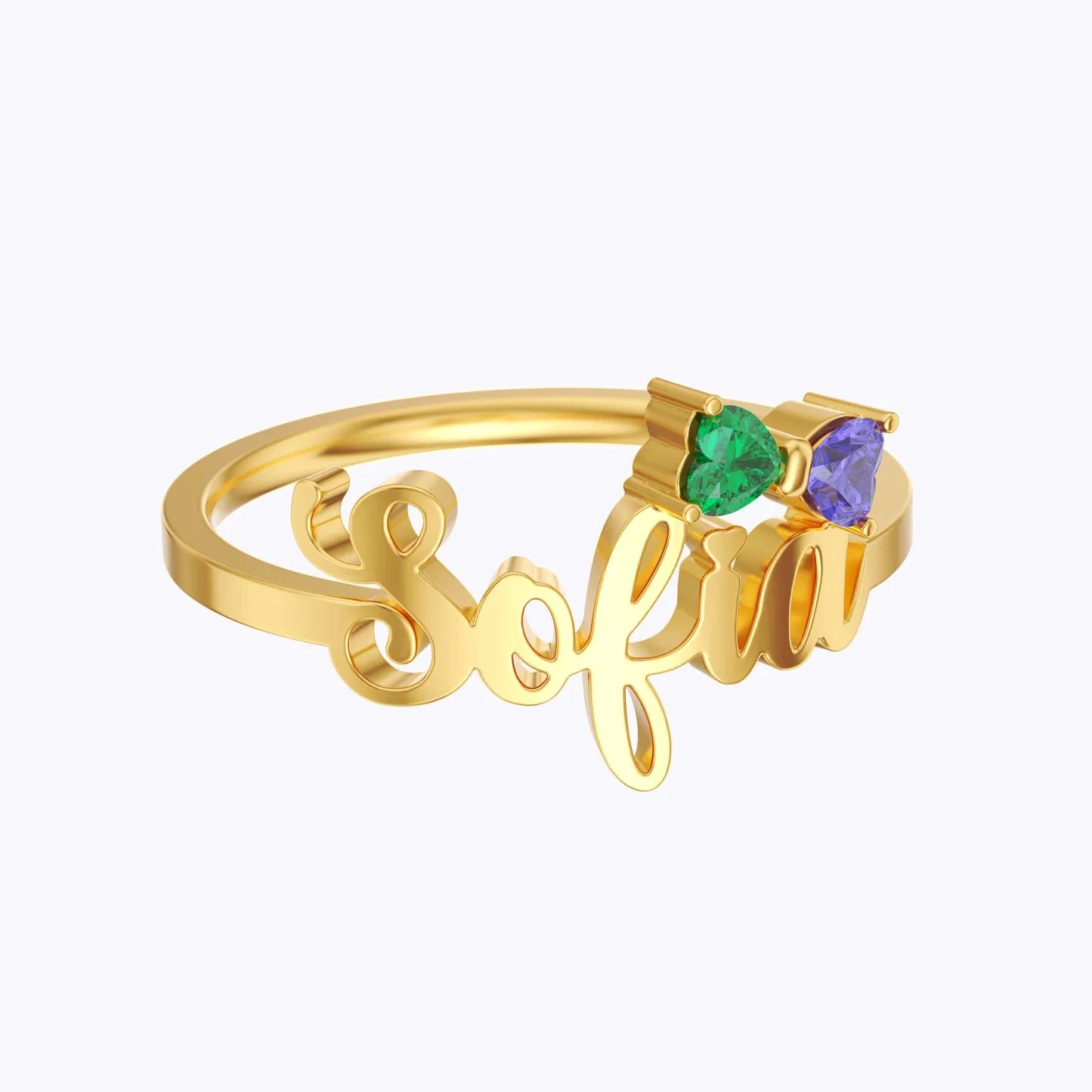 Personalized Double Heart Birthstone Bow Name Ring