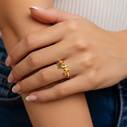 Personalized Double Heart Birthstone Bow Name Ring