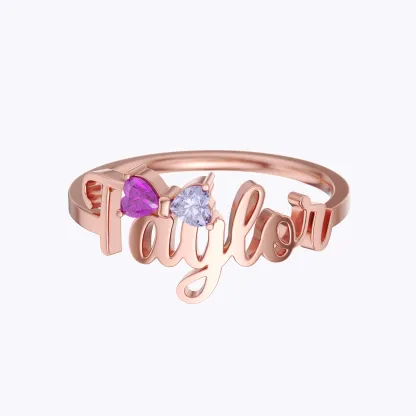 Personalized Double Heart Birthstone Bow Name Ring