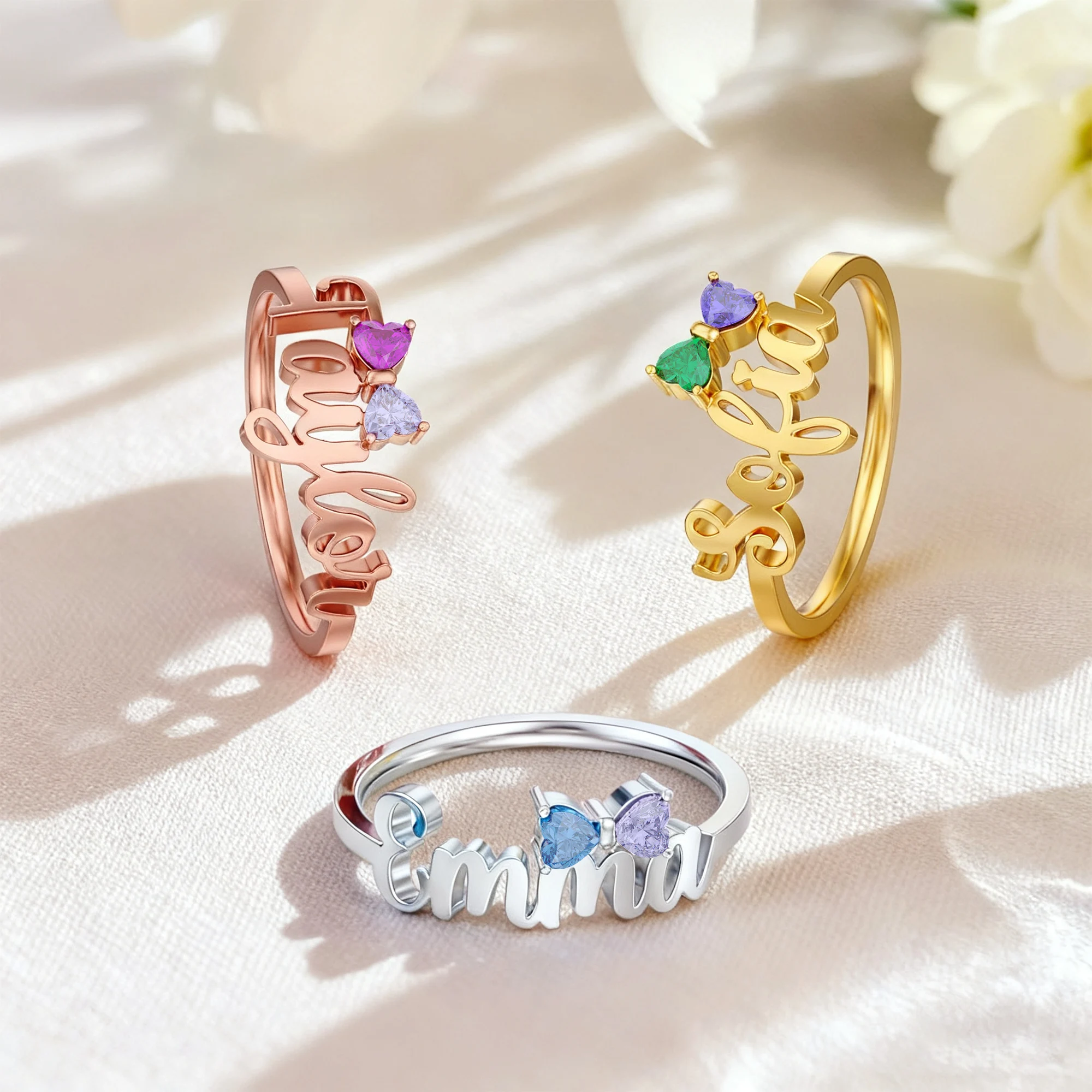 Personalized Double Heart Birthstone Bow Name Ring