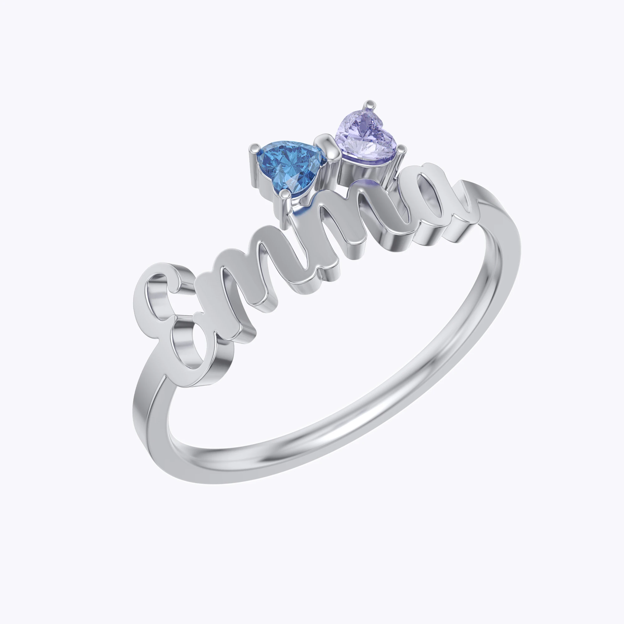 Personalized Double Heart Birthstone Bow Name Ring
