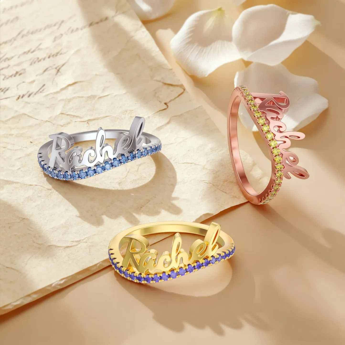 Custom Curved Pavé Birthstone Name Ring