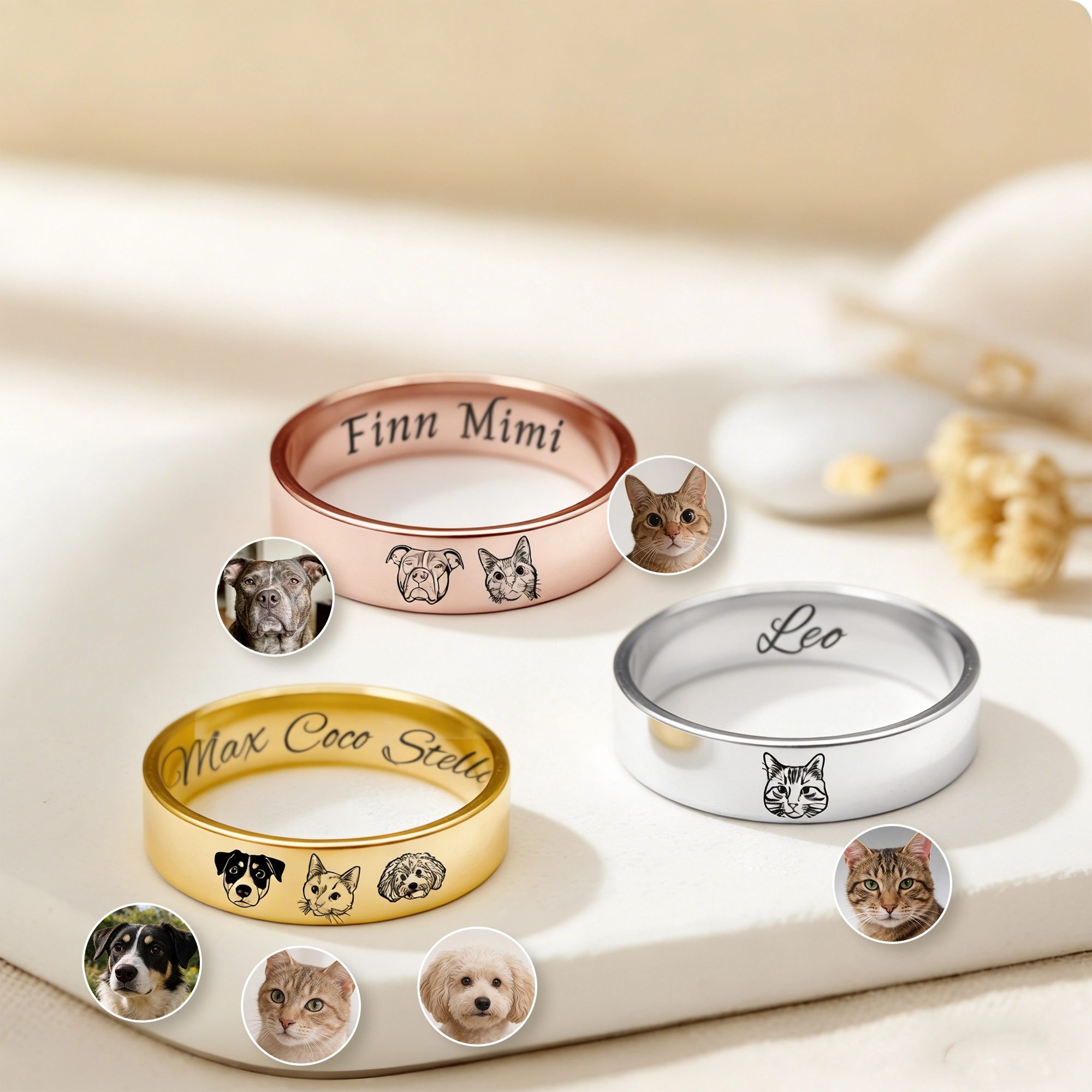 Custom 1-8 Pet Face with Name Ring