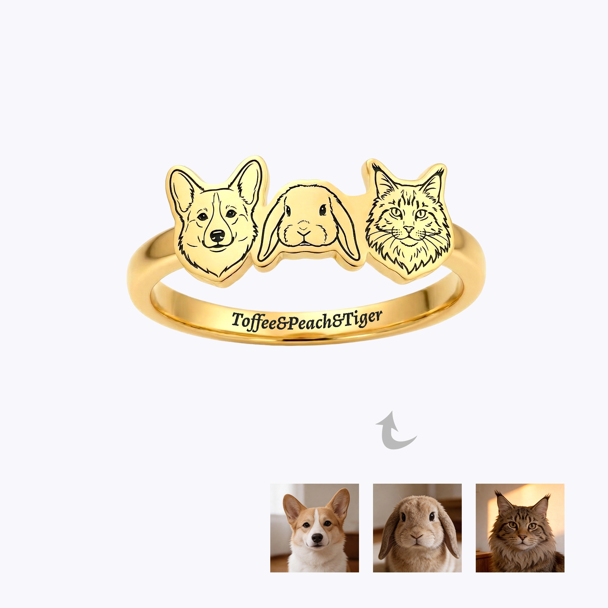 Custom 1-6 Engraved Cat Dog Face Photo Ring