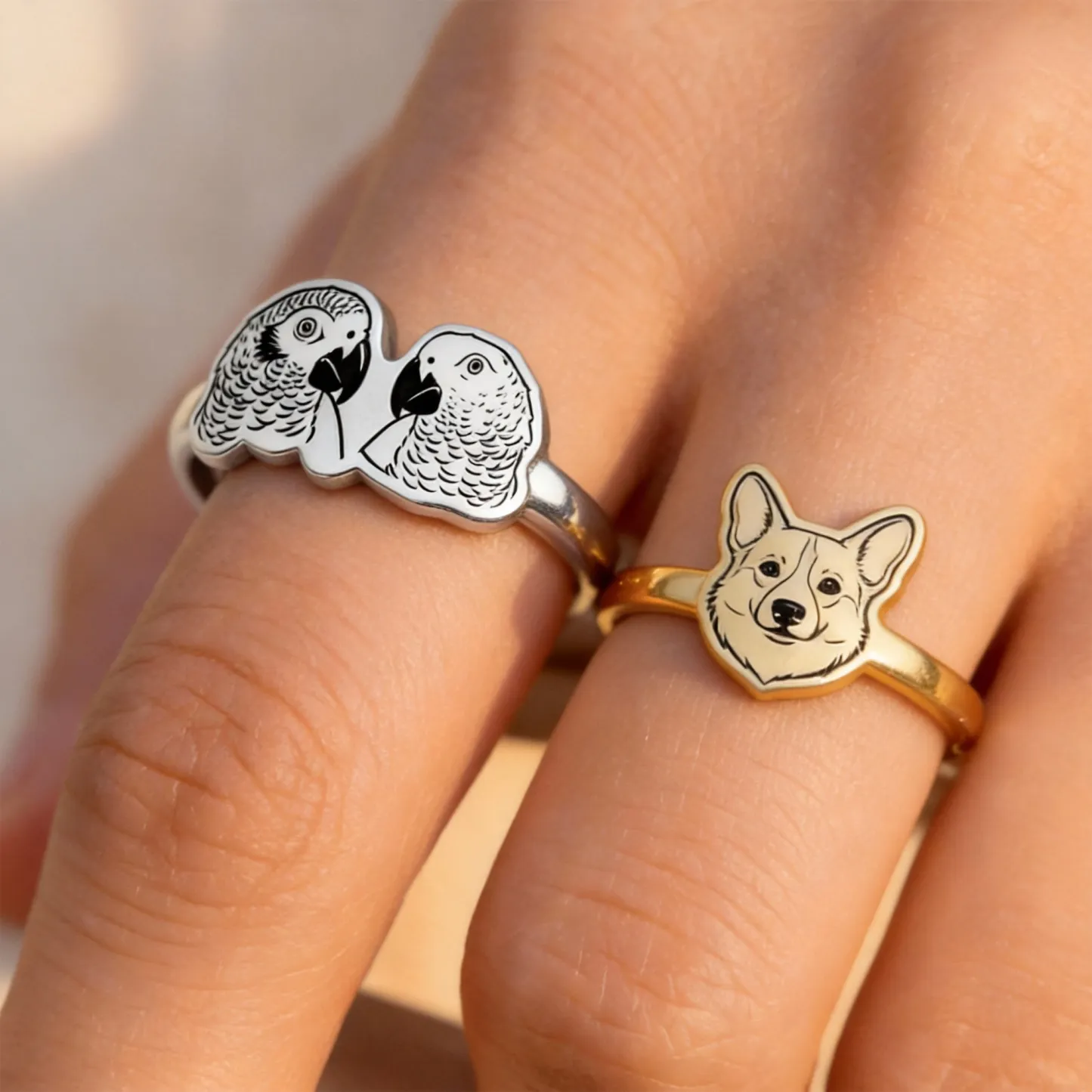 Custom 1-6 Engraved Cat Dog Face Photo Ring