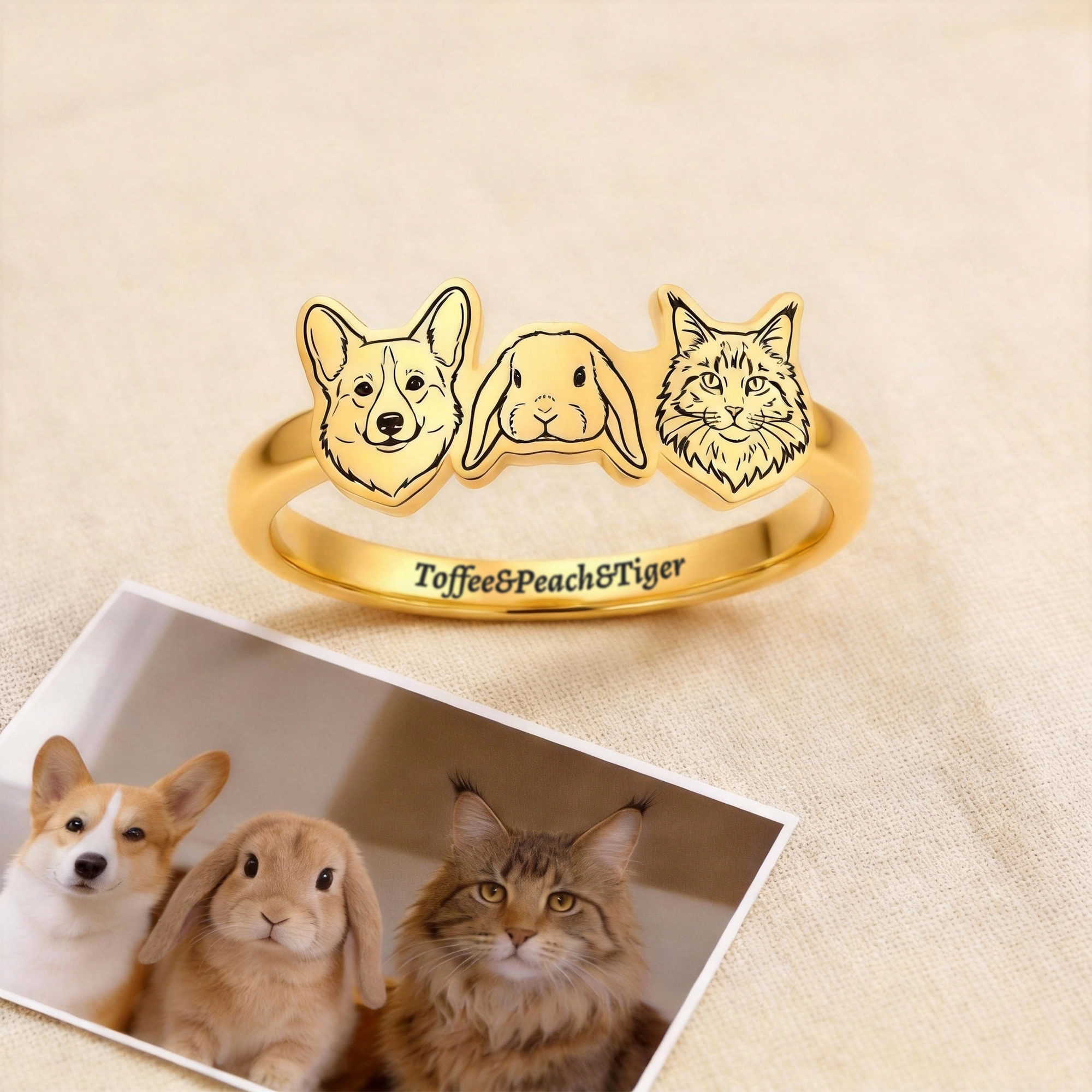 Custom 1-6 Engraved Cat Dog Face Photo Ring