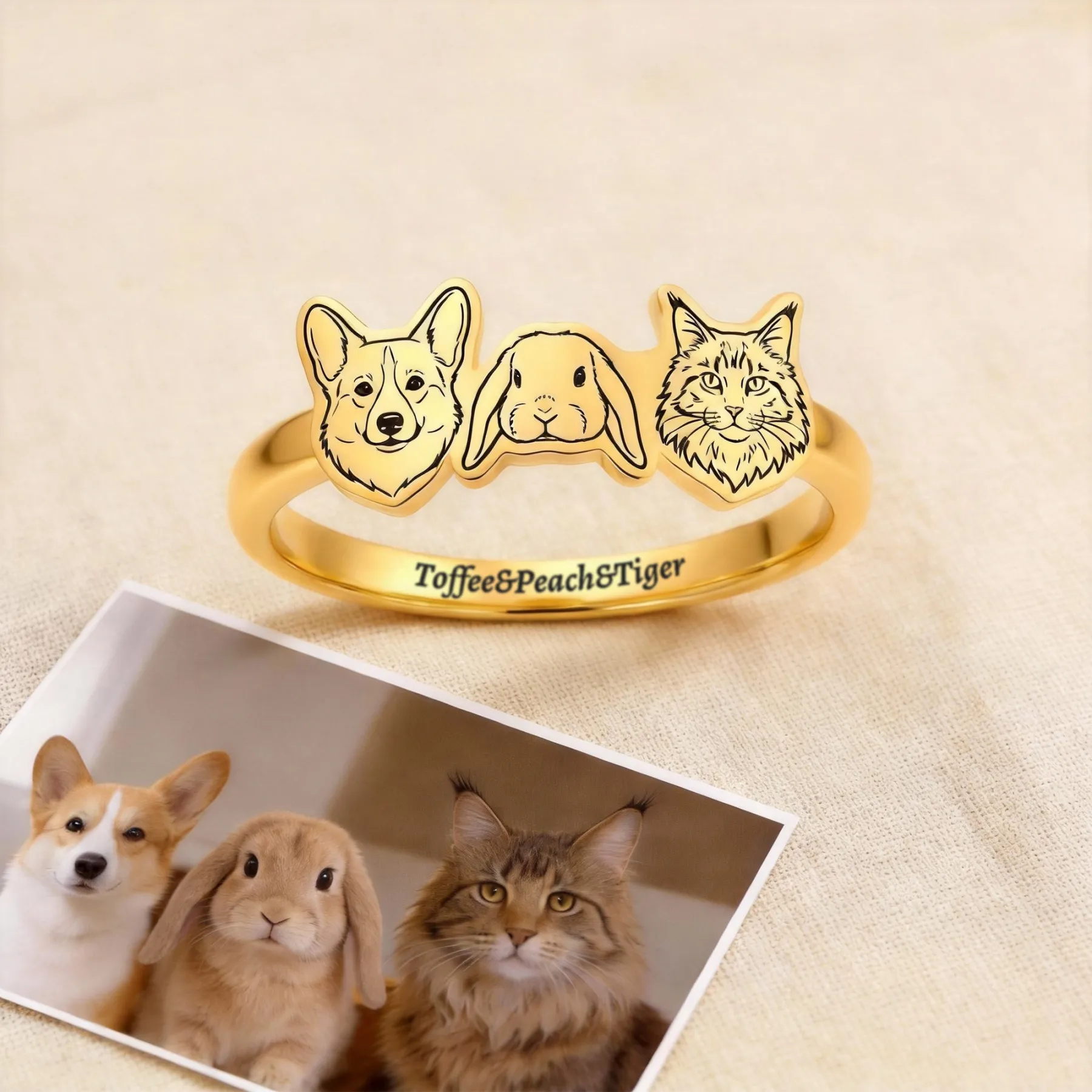 Custom 1-6 Engraved Cat Dog Face Photo Ring