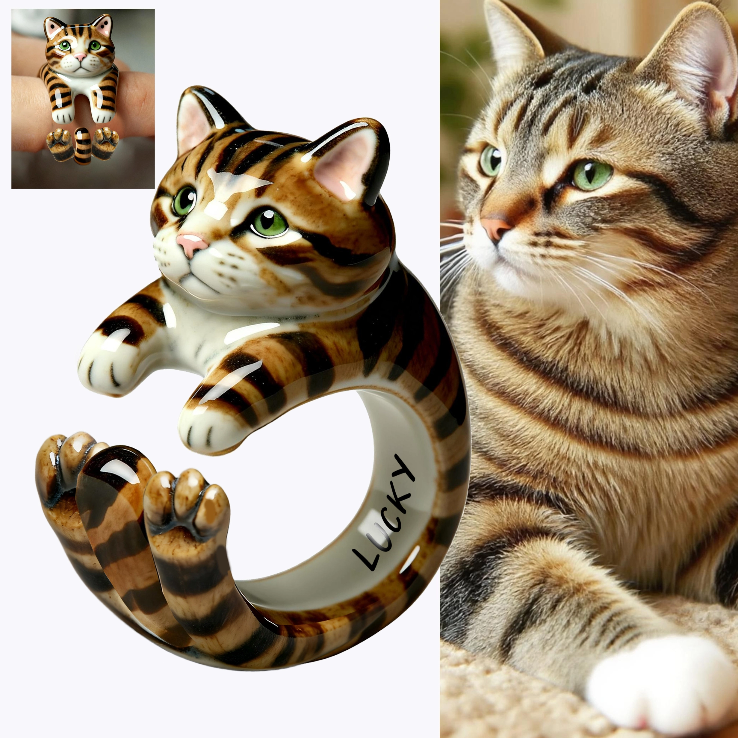Custom 3D Handmade Ceramic Dog Cat Pet Full Body Ring