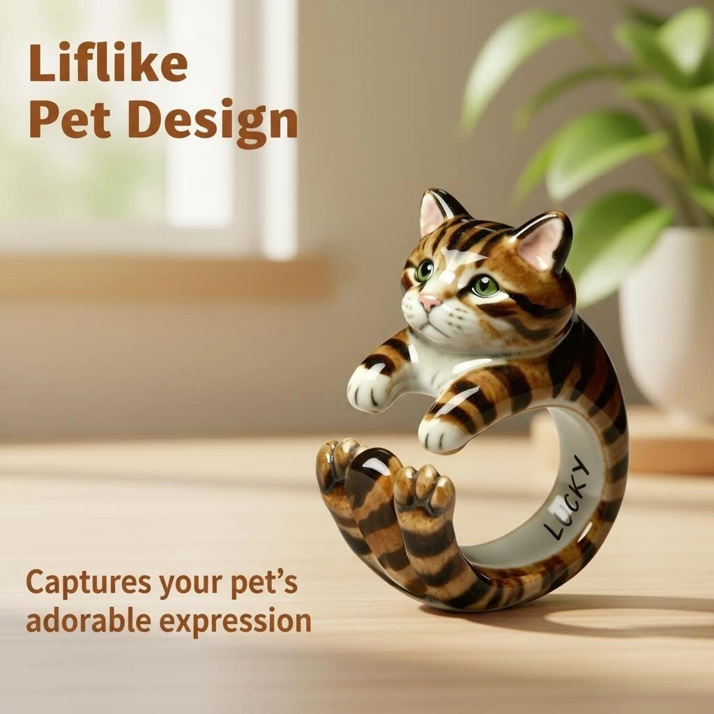 Custom 3D Handmade Ceramic Dog Cat Pet Full Body Ring