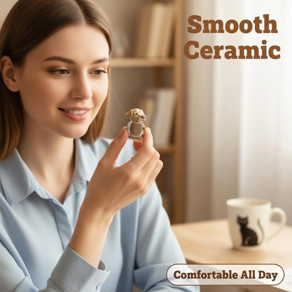 Custom 3D Handmade Ceramic Dog Cat Pet Head Ring