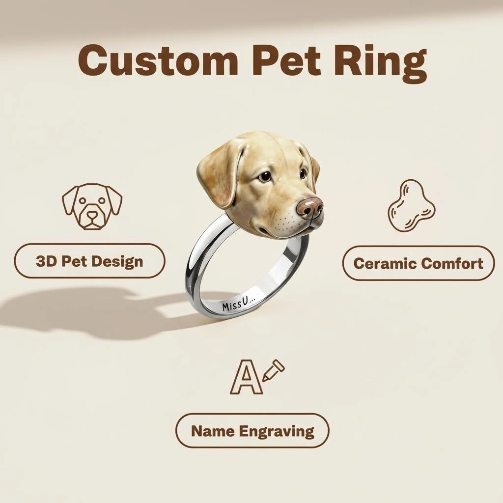 Custom 3D Handmade Ceramic Dog Cat Pet Head Ring