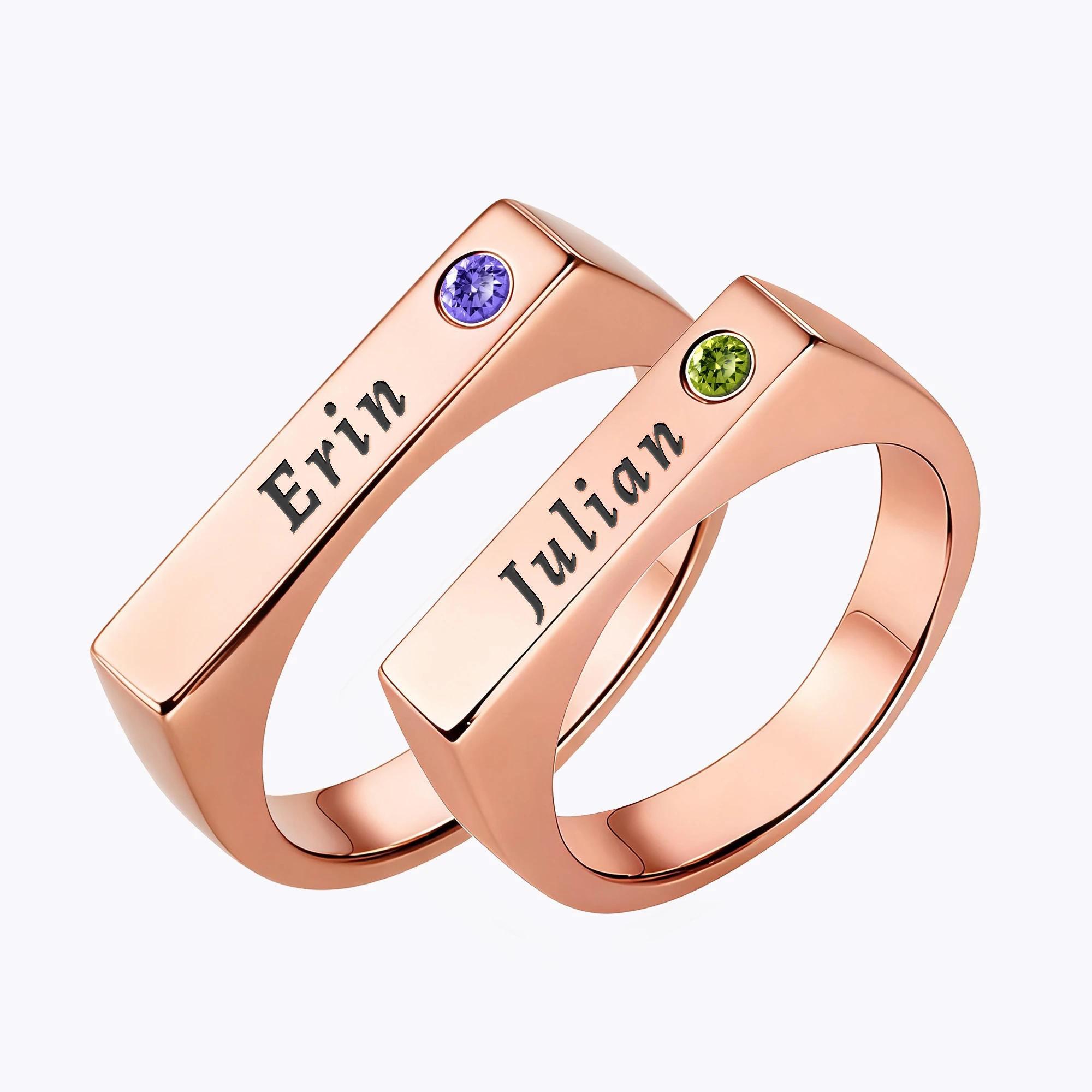 Custom Name Couple Ring with Round Birthstone