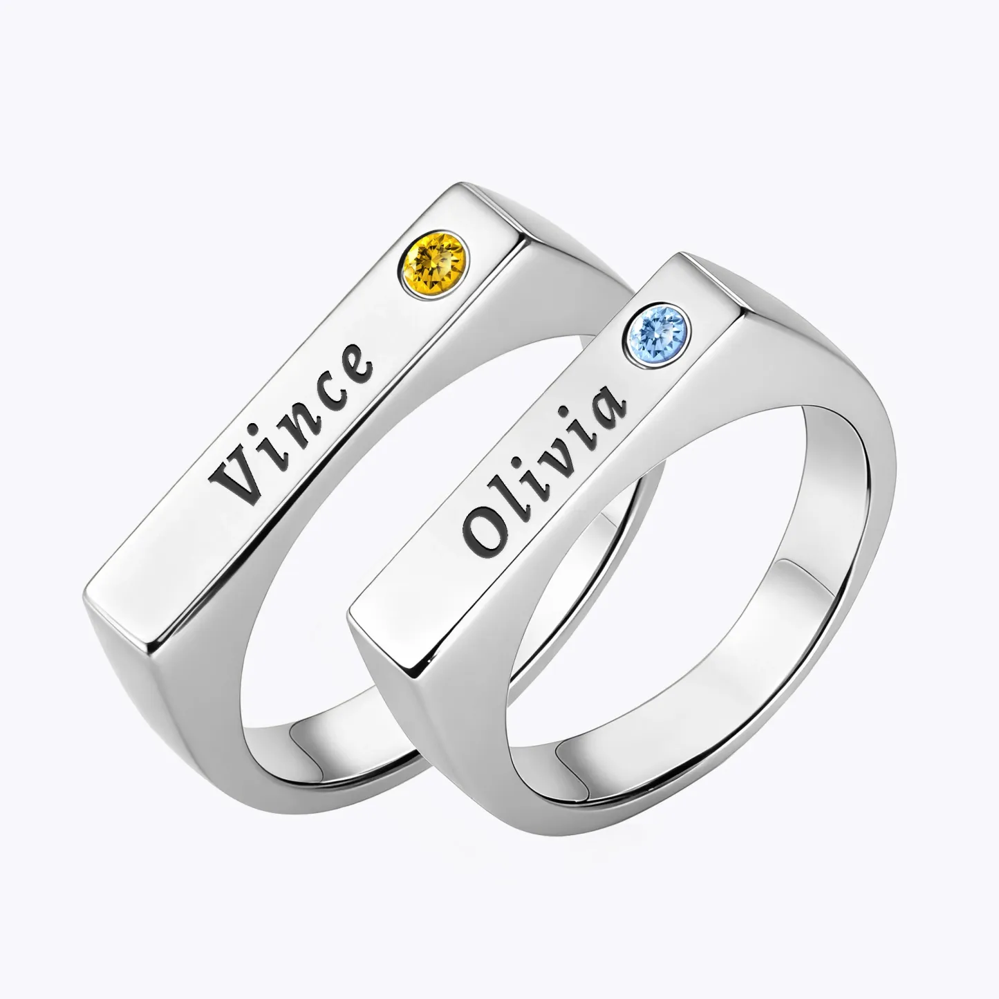 Custom Name Couple Ring with Round Birthstone