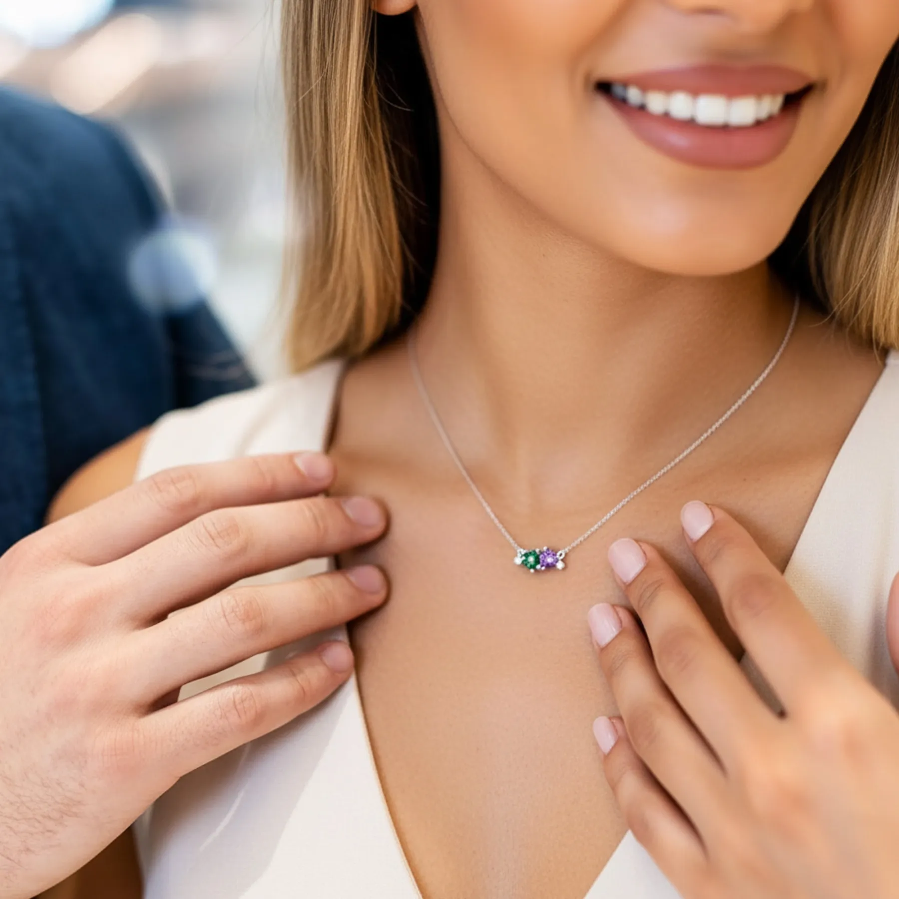 Custom Double Heart Birthstone with 1-5 Round Birthstone Necklace