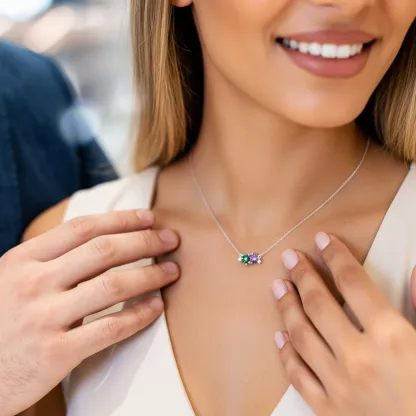 Custom Double Heart Birthstone with 1-5 Round Birthstone Necklace