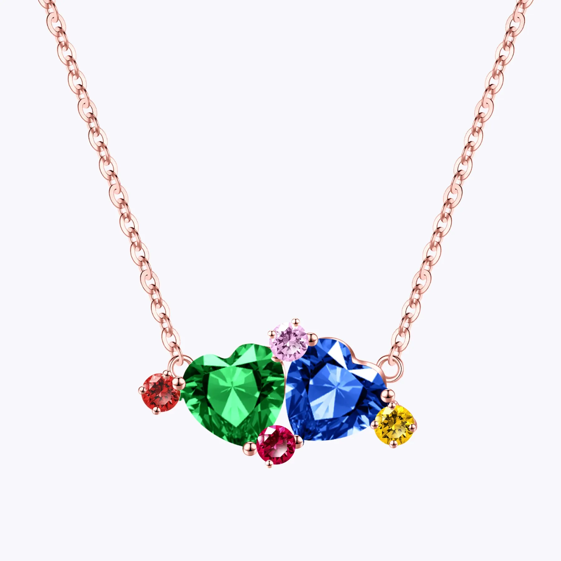 Custom Double Heart Birthstone with 1-5 Round Birthstone Necklace