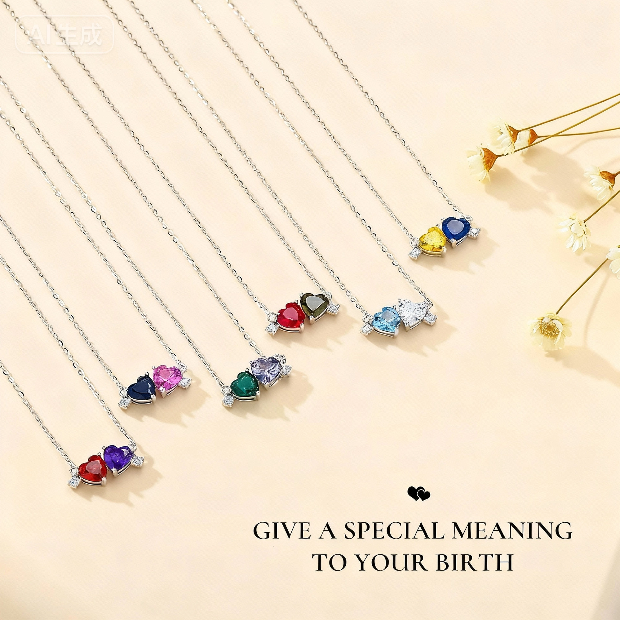 Custom Double Heart Birthstone with 1-5 Round Birthstone Necklace