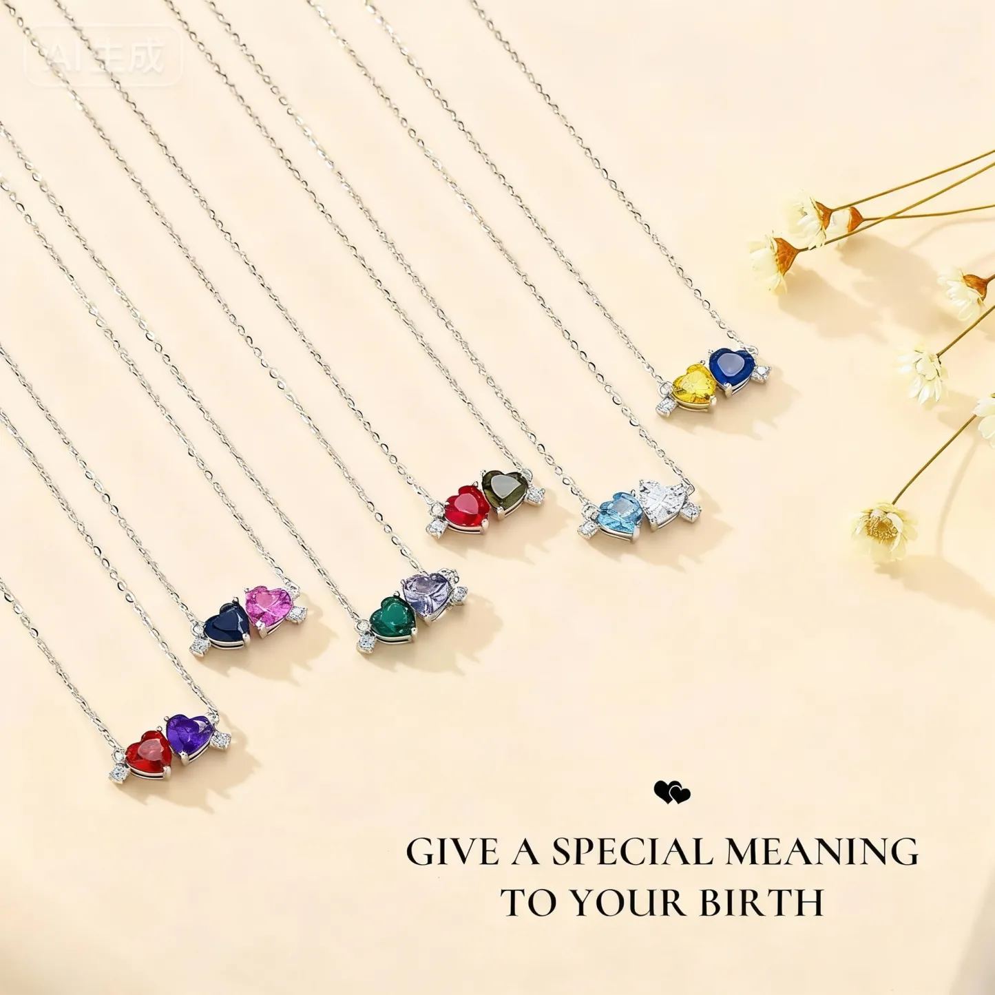 Custom Double Heart Birthstone with 1-5 Round Birthstone Necklace