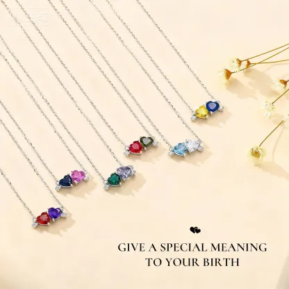 Custom Double Heart Birthstone with 1-5 Round Birthstone Necklace